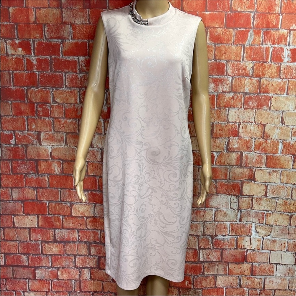 Enfocus Studio Chain Detail Metallic Print Sleeveless Sheath Dress